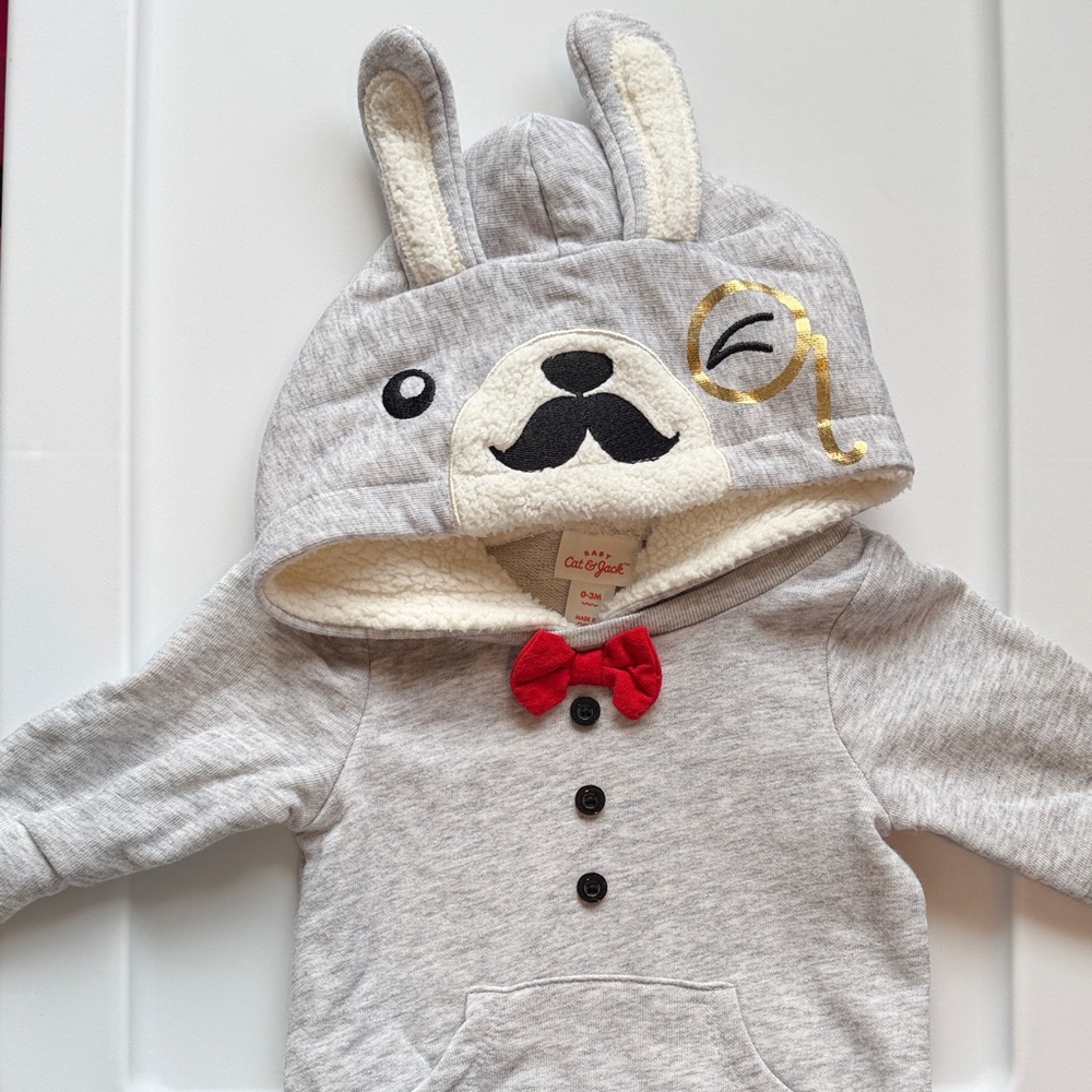 Baby Gray bunny Hoodie with Red Bow Tie size 0-3 months